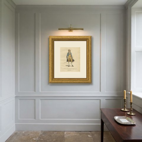 French Man of Quality in 1700 in a Blue Coat, Jefferys Costume Plate, 1757, shown framed on a wall