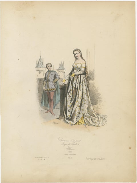 Antique French Print of Courtly Fashion, Reign of Charles V, circa 1860, view 2