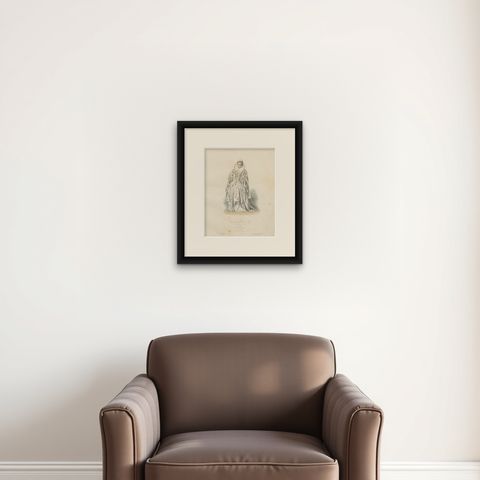 Antique French Costume Print of Marguerite Duchesse de Savoie, Renaissance Dress, shown framed on a wall