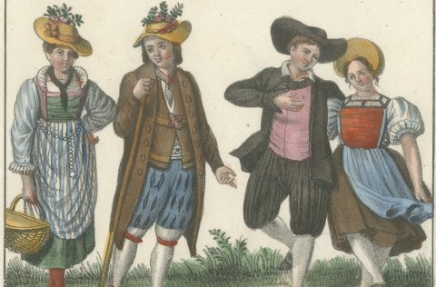 Swiss Costumes of Zug, Schaffhausen, Solura and Glavis, Lithograph, 1842, close-up 1