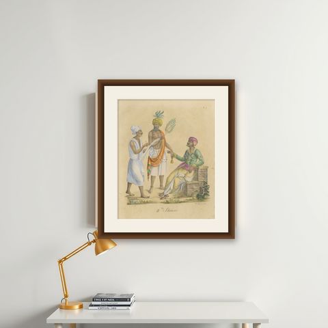 Indian Merchants & Noblemen, Brodtmann Hand-Colored Lithograph, 1816, shown framed on a wall