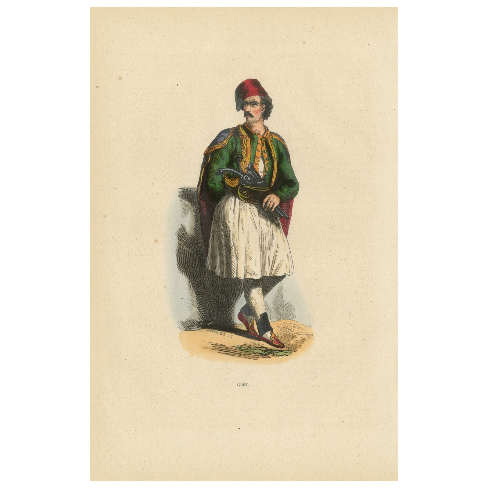 Greek Man in Traditional Dress, Hand-Coloured Lithograph, c.1845