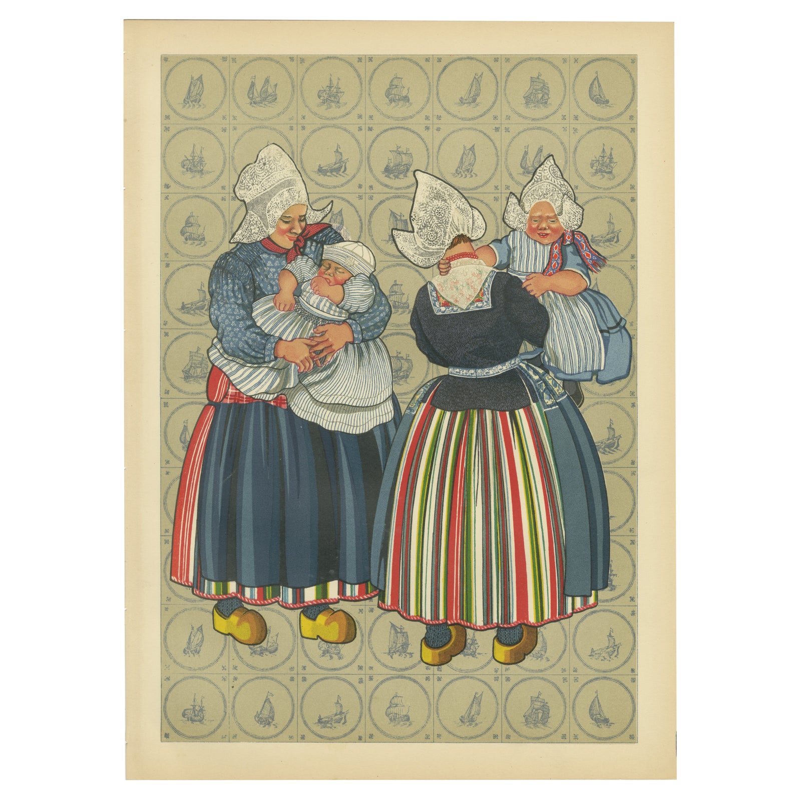 Charming Vintage Print, Women & Children of Volendam in Traditional Dress, 1932