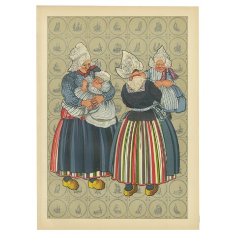 Charming Vintage Print, Women & Children of Volendam in Traditional Dress, 1932