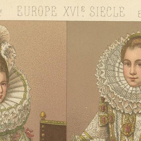 Pl. 65 Antique Print of European XVIth Century Costumes by Racinet 'circa 1880', close-up 1