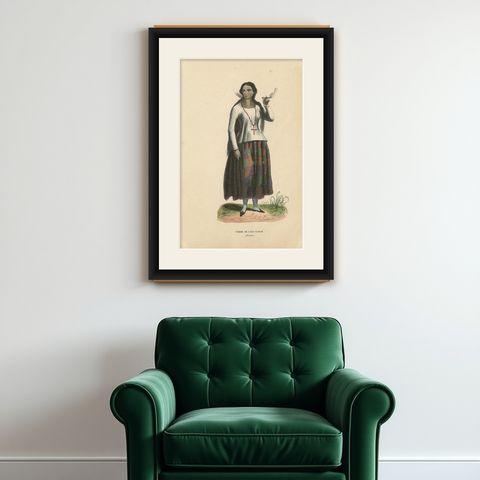 Antique Costume Print of a Woman of Guam by Wahlen, 1843, shown framed on a wall