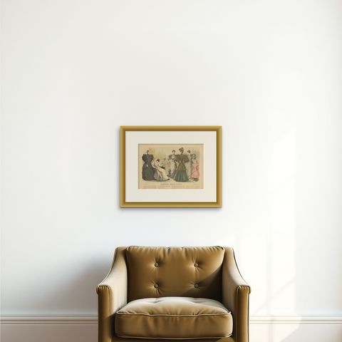 Antique Fashion Print of Women in Germany, 1894, shown framed on a wall