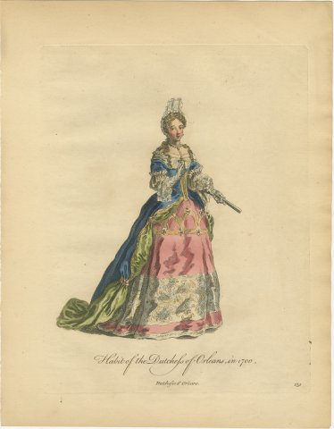Duchess of Orléans in 1700 with a Fan, Hand Colored Jefferys Engraving, 1757, view 2