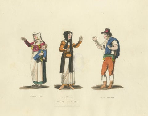 Italian Gestures: Traditional Costumes and Body Language, 1820s Engraving, close-up 6