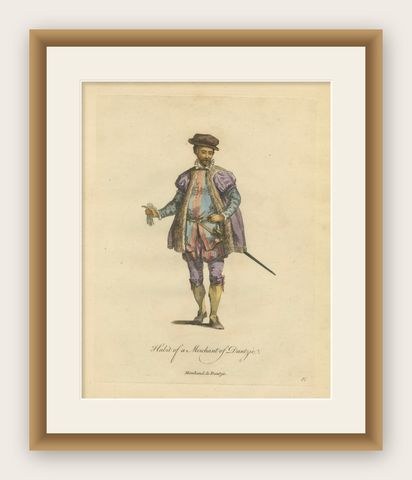 Danzig Merchant Costume Engraving, Polish Trade Figure, Hand-Colored, 1749, shown framed