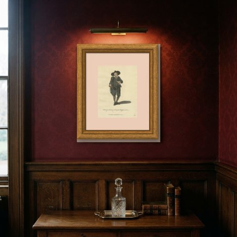 Oliverian, English Partisan of Cromwell in 1650, Jefferys Costume Print, 1757, shown framed on a wall