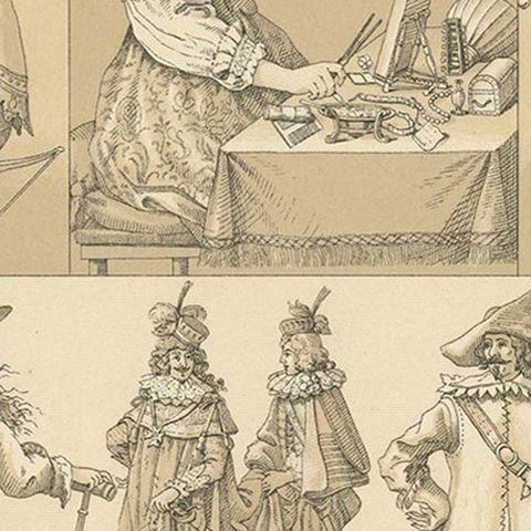 Pl. 100 Antique Print of French 17th Century Costumes by Racinet, circa 1880, close-up 2