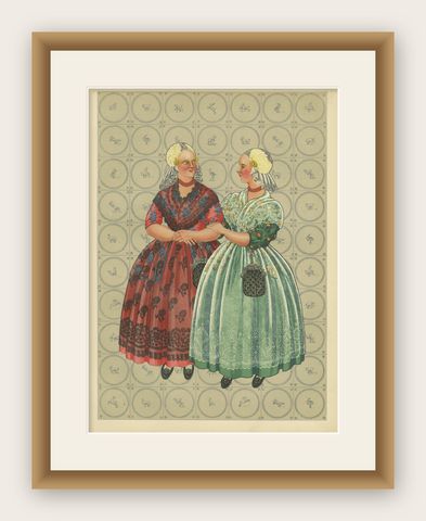 Friesland Gala Dress with Gold Caps and Coral, Dutch Print, 1932, shown framed