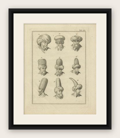 Antique Ottoman Turban Study, 18th Century Costume Headgear Engraving, ca.1774, shown framed