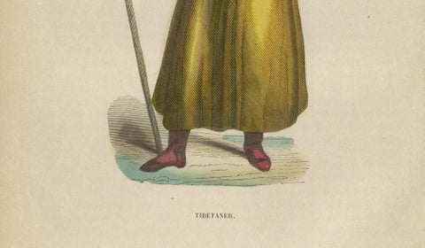 Chinese Tibetan Figure Costume Print, Hand-Colored Ethnographic Engraving, 1854, close-up 1