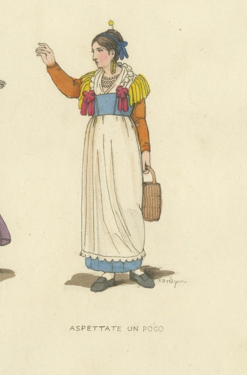 Italian Costume Print: Expressive Gestures of Women, Hand-Colored, 1820s, close-up 4