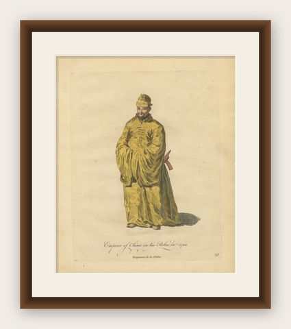 Chinese Emperor in Imperial Robes, Antique Costume Print, Jefferys 1749, shown framed