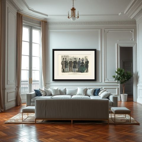 Large Antique Fashion Print, 1861, shown framed in a room