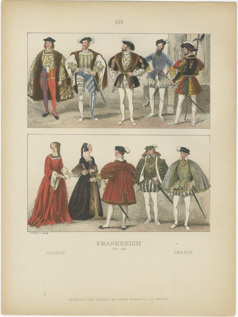 French Renaissance Costumes 1500s, Set of 6 Antique Prints, Published in 1880, view 3