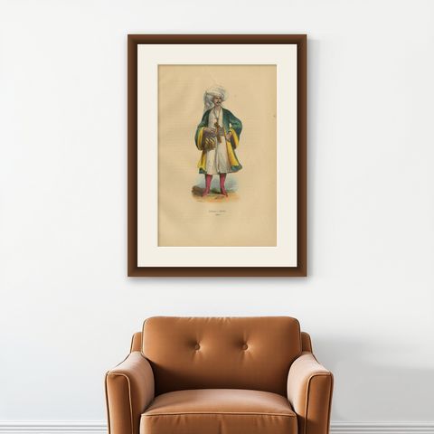 1844 Lithograph of a Bukharan Uzbek: Traditional Attire and Craft, shown framed on a wall