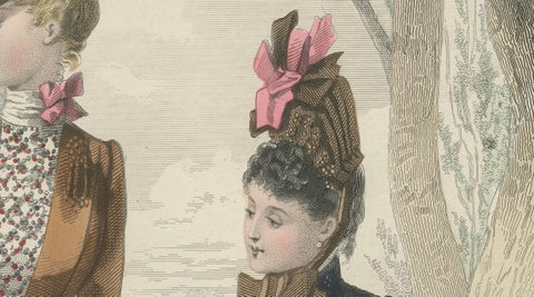 French Fashion Print, Ladies with Parasol & Child Scene, Hand-Colored, c.1887, close-up 4