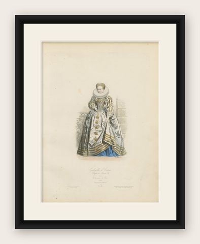 Antique French Costume Print of Gabrielle d’Estrées, 16th-Century Court Dress, shown framed