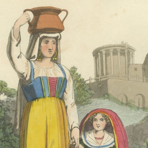 Tivoli Costumes & Temple of Vesta - 1819 Etching of Italian Heritage, close-up 6