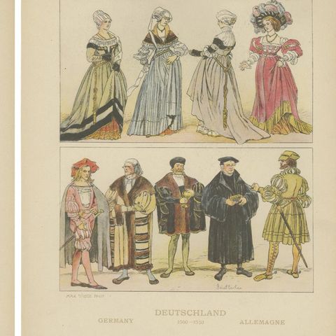German Renaissance & Landsknecht Costumes 1500s, Set of 6 Antique Prints, 1880, close-up 1