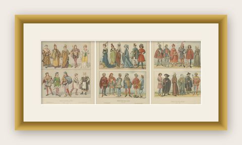 German Costume History 1450–1670, Set of Three Antique Hand-Colored Prints, 1880, shown framed