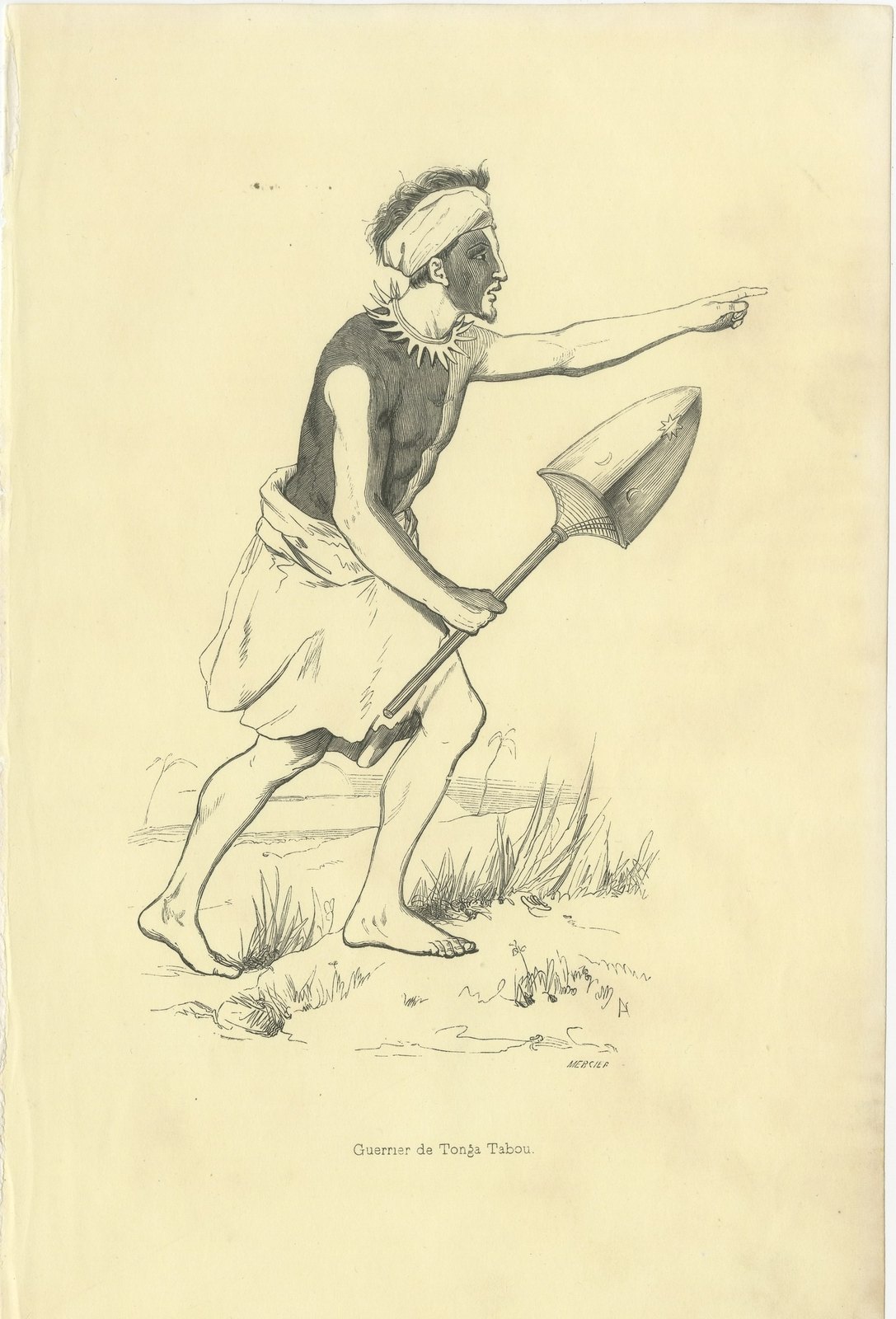 Warrior of Tonga Tabou, Antique Wahlen Costume Print, 1843-1844