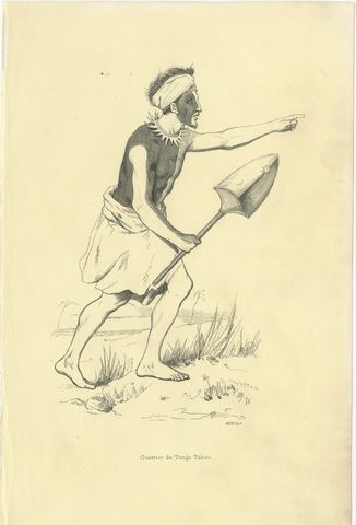 Warrior of Tonga Tabou, Antique Wahlen Costume Print, 1843-1844