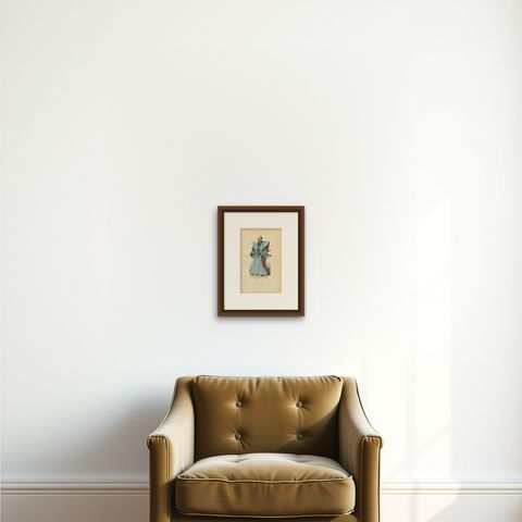 Antique Print of a Japanese Ceremonial Costume, 1843, shown framed on a wall