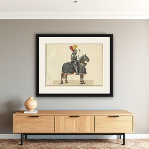 Hand-Coloured Lithograph of Armoured Knight and Horse in Tournament Dress, 1842, shown framed on a wall