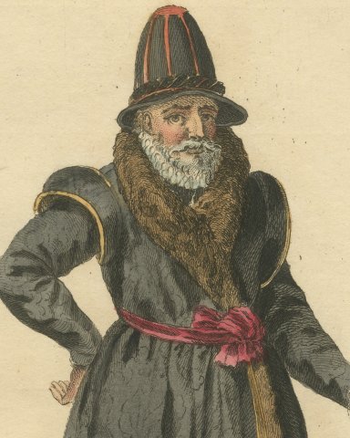 Habit of an English Nobleman in 1577, Fur Lined Gown, Jefferys Plate, 1757, close-up 1