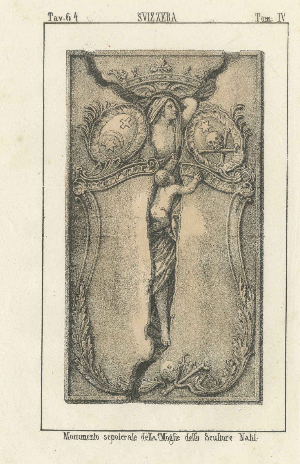 Tomb Monument to the Wife of the Sculptor Nahl, Swiss Lithograph, 1842