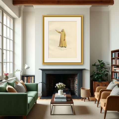Antique Print of a Plebeian Costume, Italy, 14th Century, by Bonnard, 1860, shown framed in a room