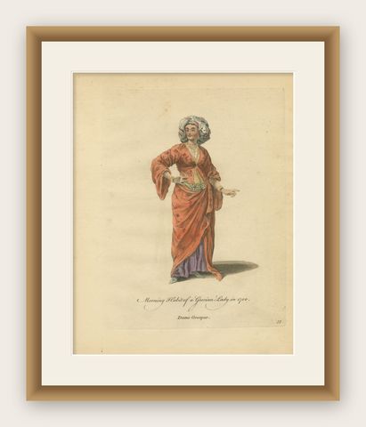 Antique Costume Print Grecian Lady Morning Dress Jefferys, 1749, shown framed