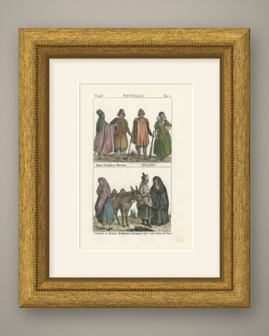 Portuguese and Spanish Costume with a Lisbon Fruit Seller and Donkey, 1842, shown framed