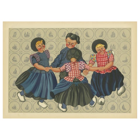 Joyful Children's Round Dance in Spakenburg Costume, Dutch Folk Art Print, 1932