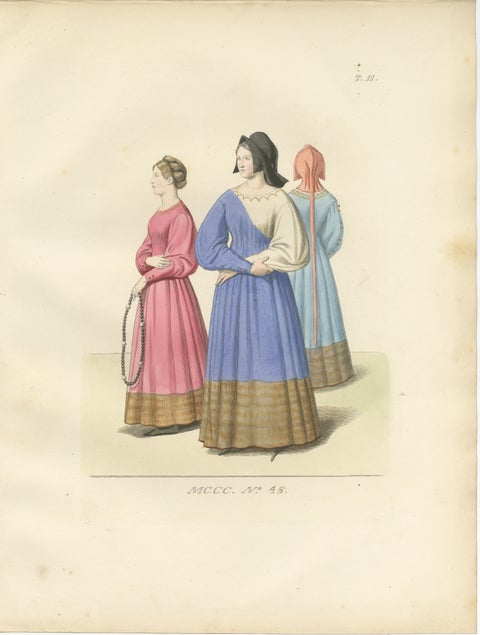Medieval Women's Costumes c.1300, Hand-Colored Costume Plate, Mercuri 1845, view 2