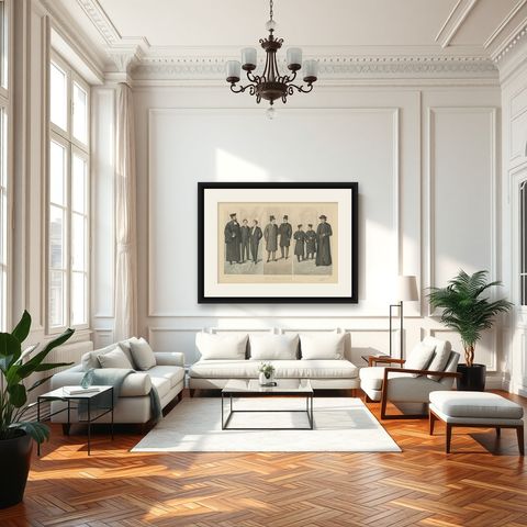 Antique Print of Fashion in February 1899 by Klemm & Weiss, circa 1900, shown framed in a room