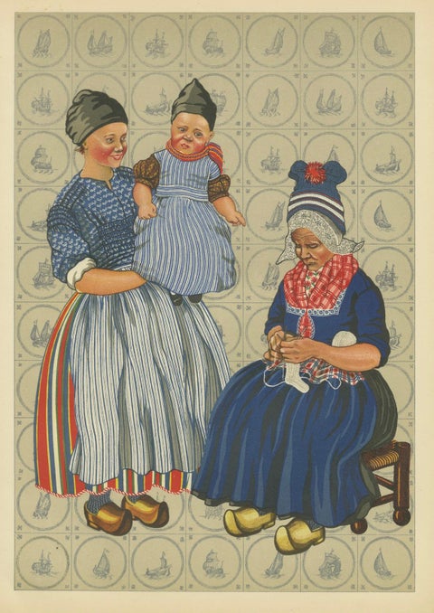 Volendam Women and Child in Traditional Work and Everyday Dress, Lithograph 1932, close-up 5