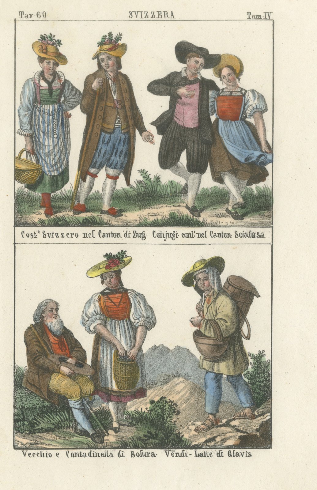 Swiss Costumes of Zug, Schaffhausen, Solura and Glavis, Lithograph, 1842