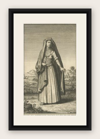 Engraving of a Costume of the Muslim Women in the Mogol or Mughal Empire, 1731, shown framed