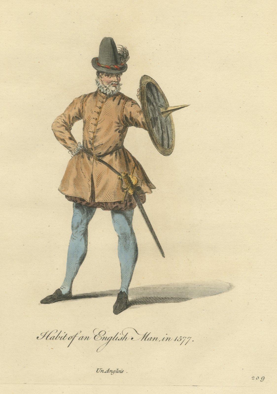 Habit of an English Man in 1577, Sword and Buckler, Jefferys Plate, 1757