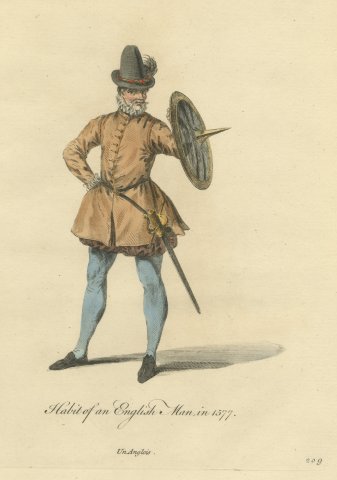 Habit of an English Man in 1577, Sword and Buckler, Jefferys Plate, 1757