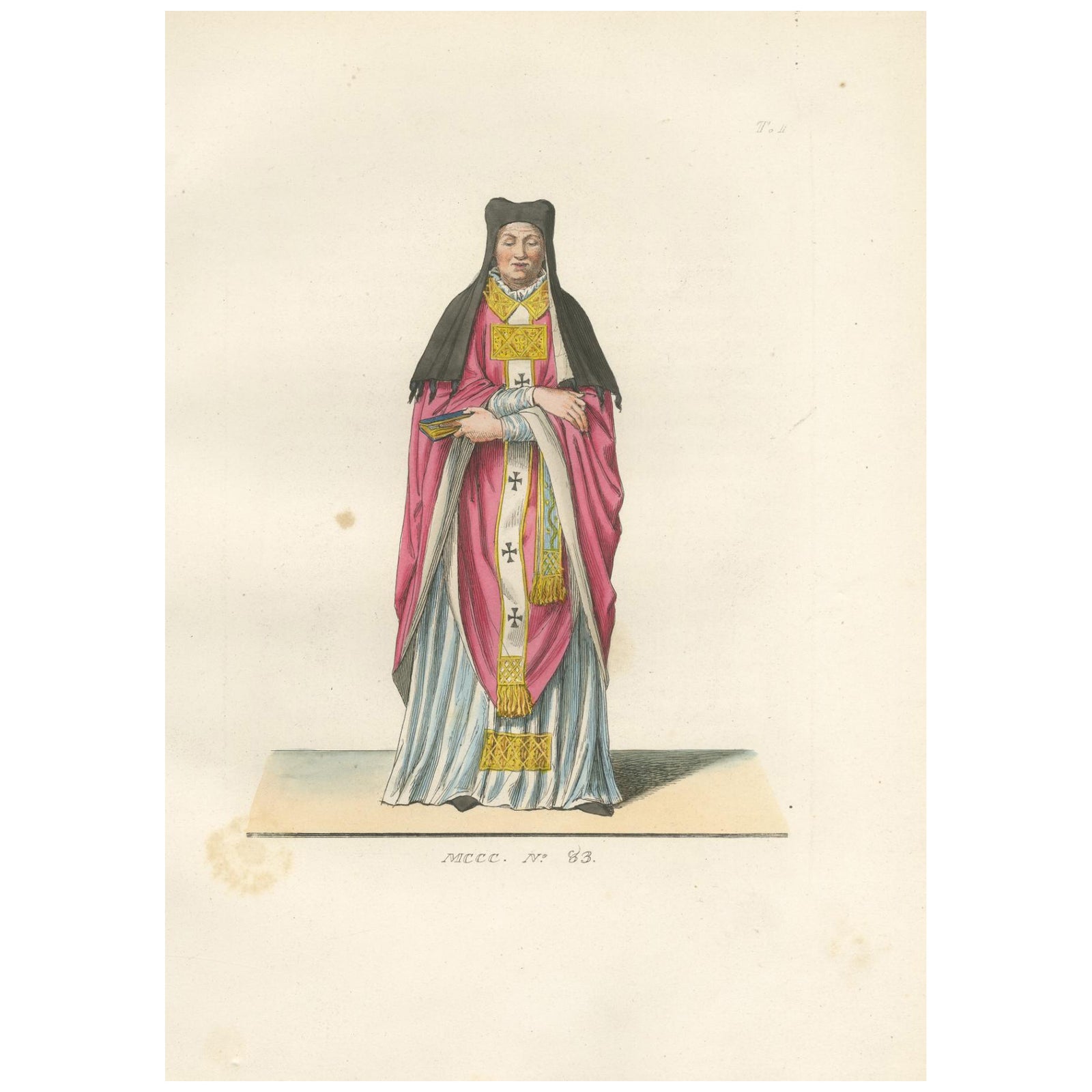 Religious Costume c.1400, Antique 1845 Print of Ecclesiastical Figure
