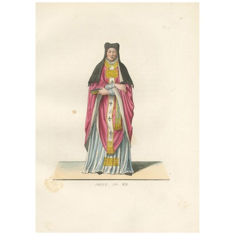 Religious Costume c.1400, Antique 1845 Print of Ecclesiastical Figure