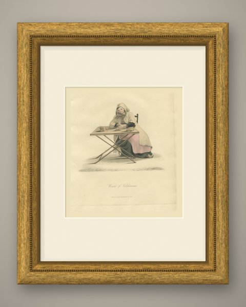Woman of Valenciennes at her Table, Antique Ackermann Print, 1817, shown framed