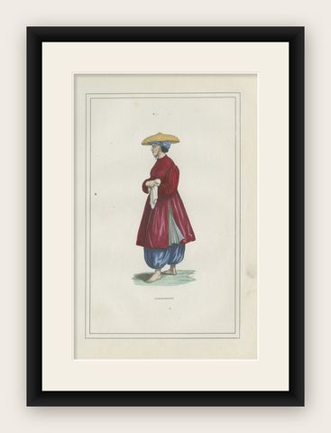 Cochinchina Woman Costume Print, Antique Hand-Colored Lithograph, 1854, shown framed